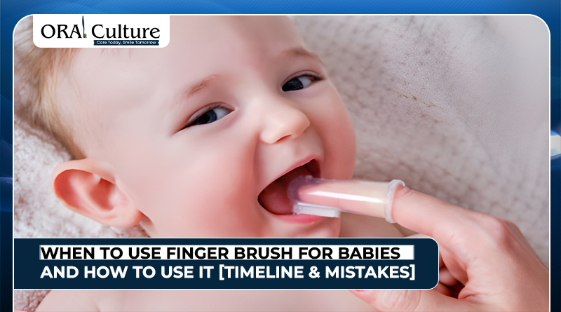 Baby using a finger brush for gum cleaning during early months