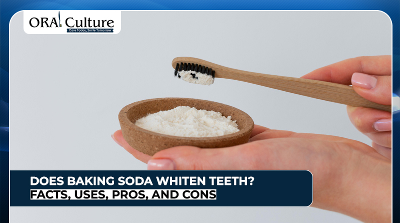 Hand holding baking soda with a wooden toothbrush dipped in the powder for natural teeth whitening.